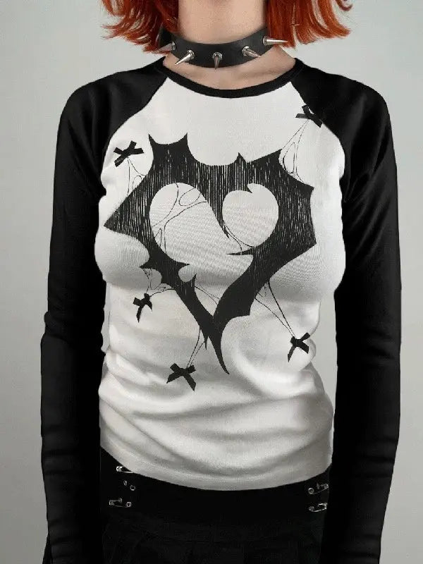 'Trapped Love' Grunge Long Sleeves Black & White Top