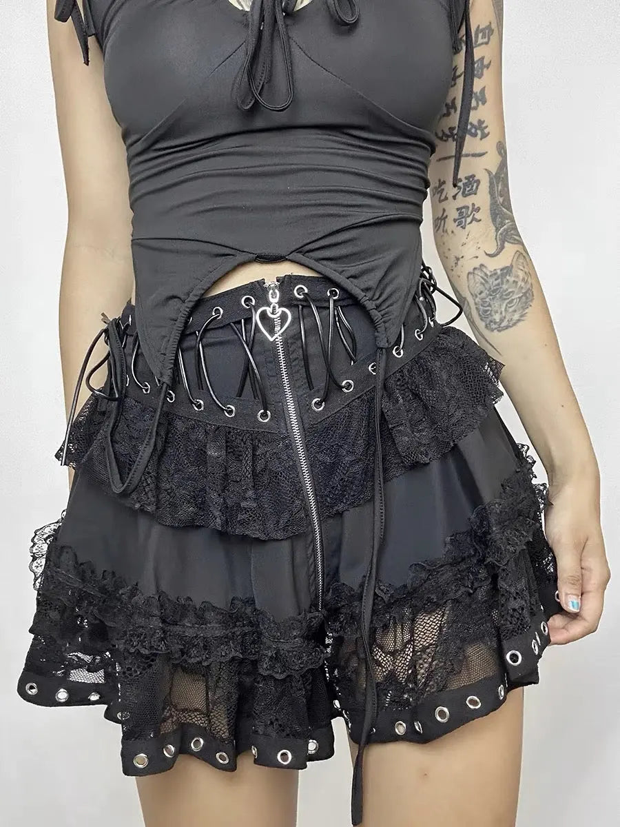 'Trimmed' Goth Lolita Patchwork Lace Up Tu Tu Skirt