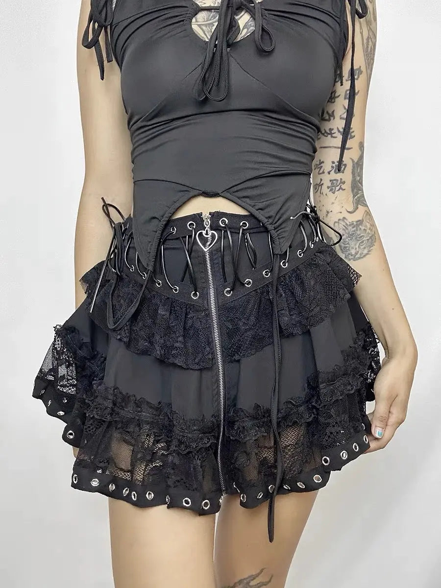 'Trimmed' Goth Lolita Patchwork Lace Up Tu Tu Skirt