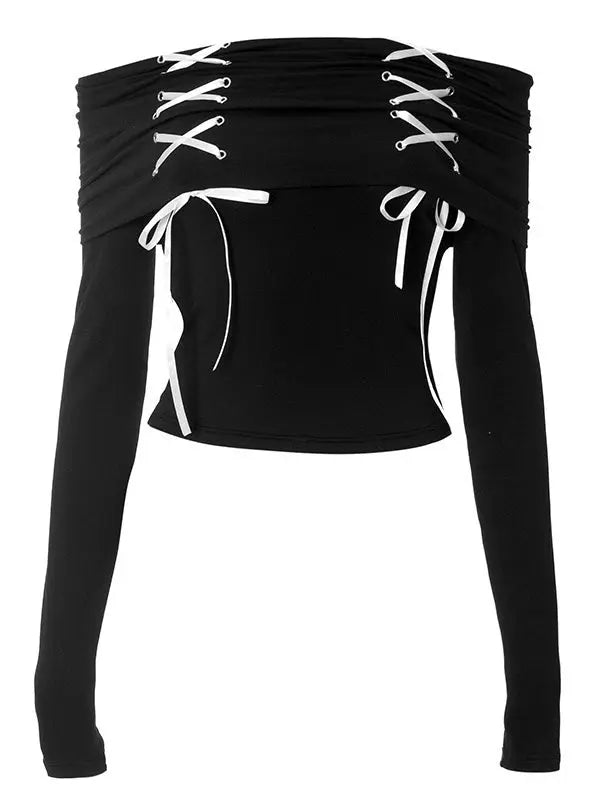 'Unwanted Love' Coquette Ribbon Lace Up Off Shoulder Top