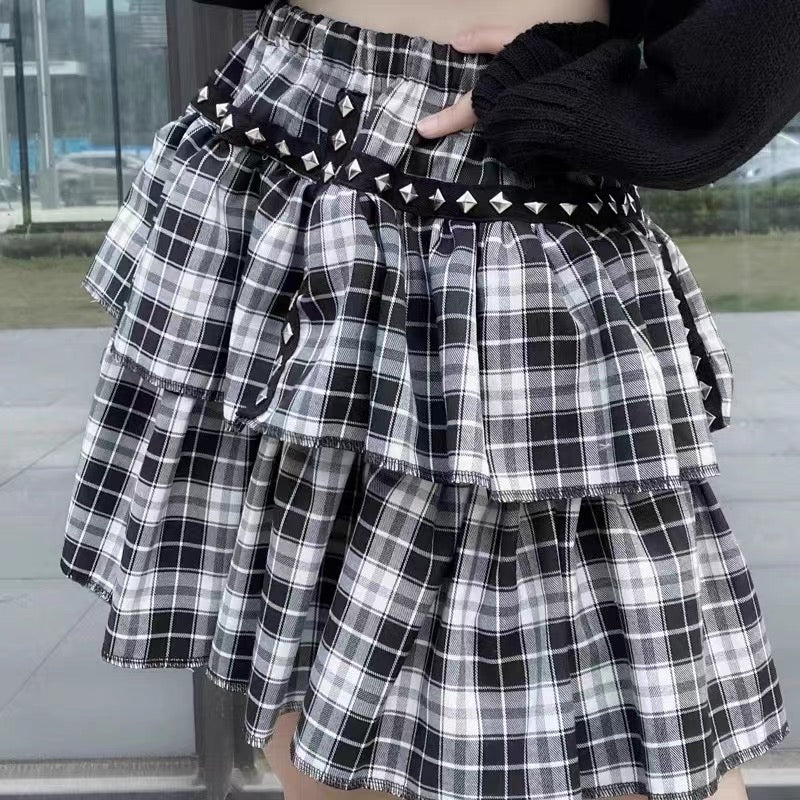 'Waffle' Black & White Rivet Checkerboard Skirt