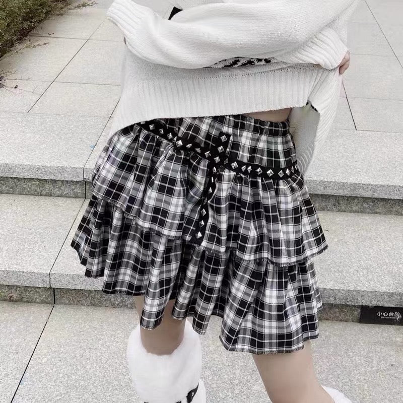 'Waffle' Black & White Rivet Checkerboard Skirt