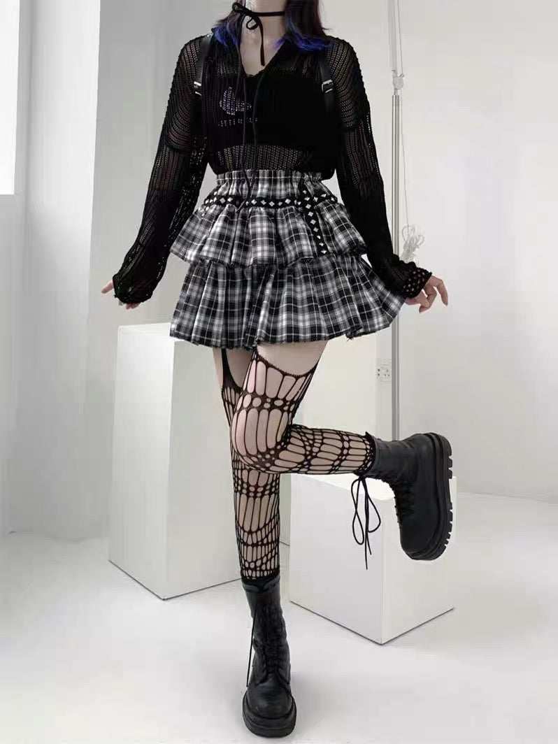 'Waffle' Black & White Rivet Checkerboard Skirt