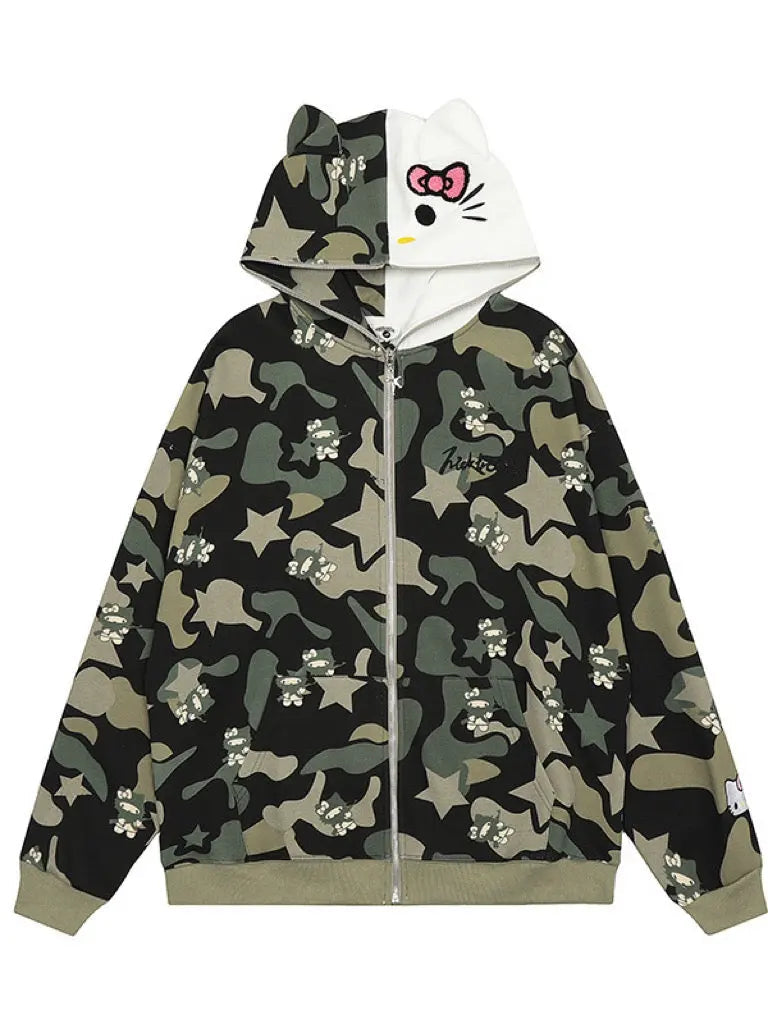 'Wild Kitty' Kawaii Kitty Face Zipped Oversized  Hoodie