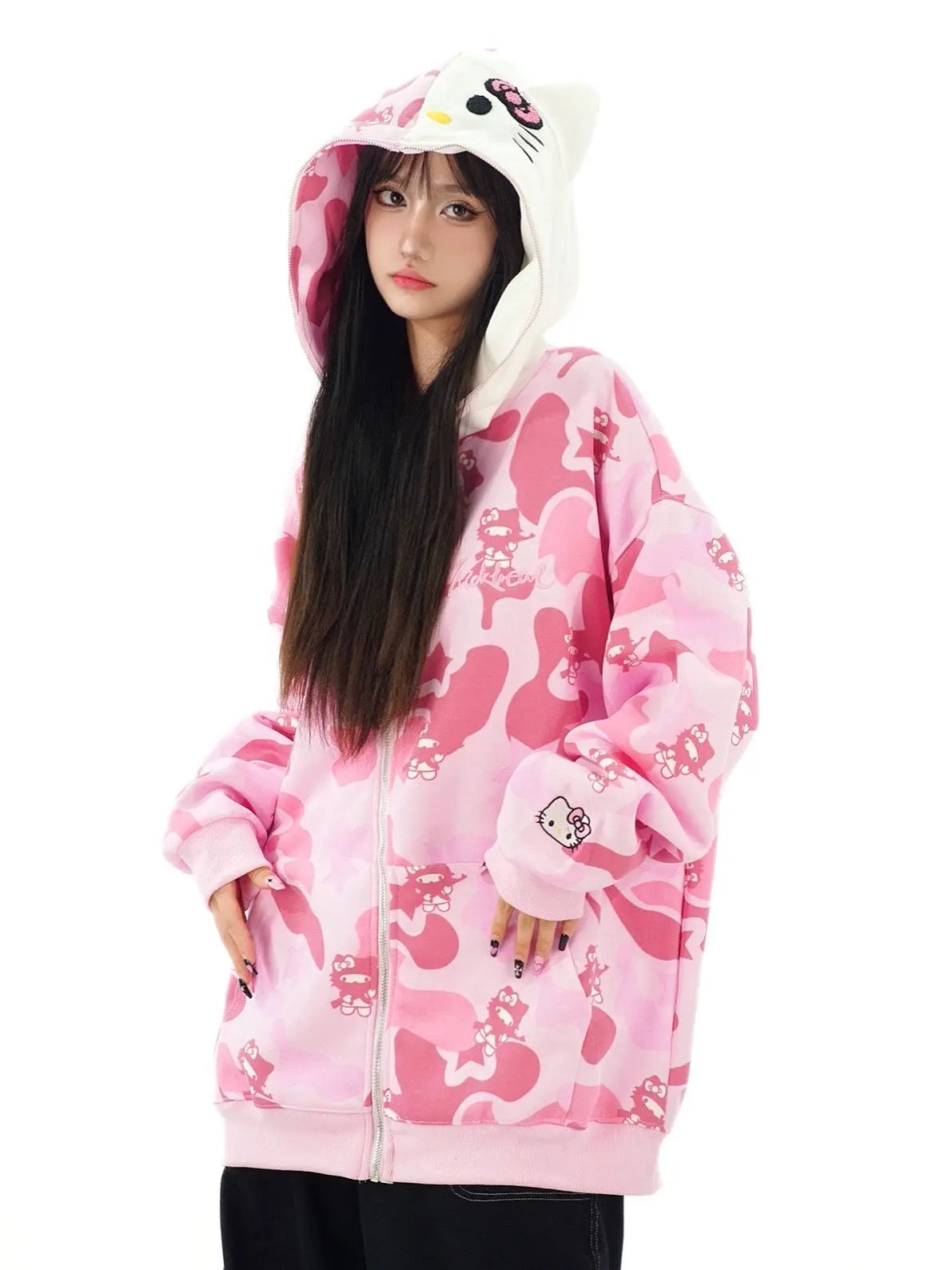 'Wild Kitty' Kawaii Kitty Face Zipped Oversized  Hoodie