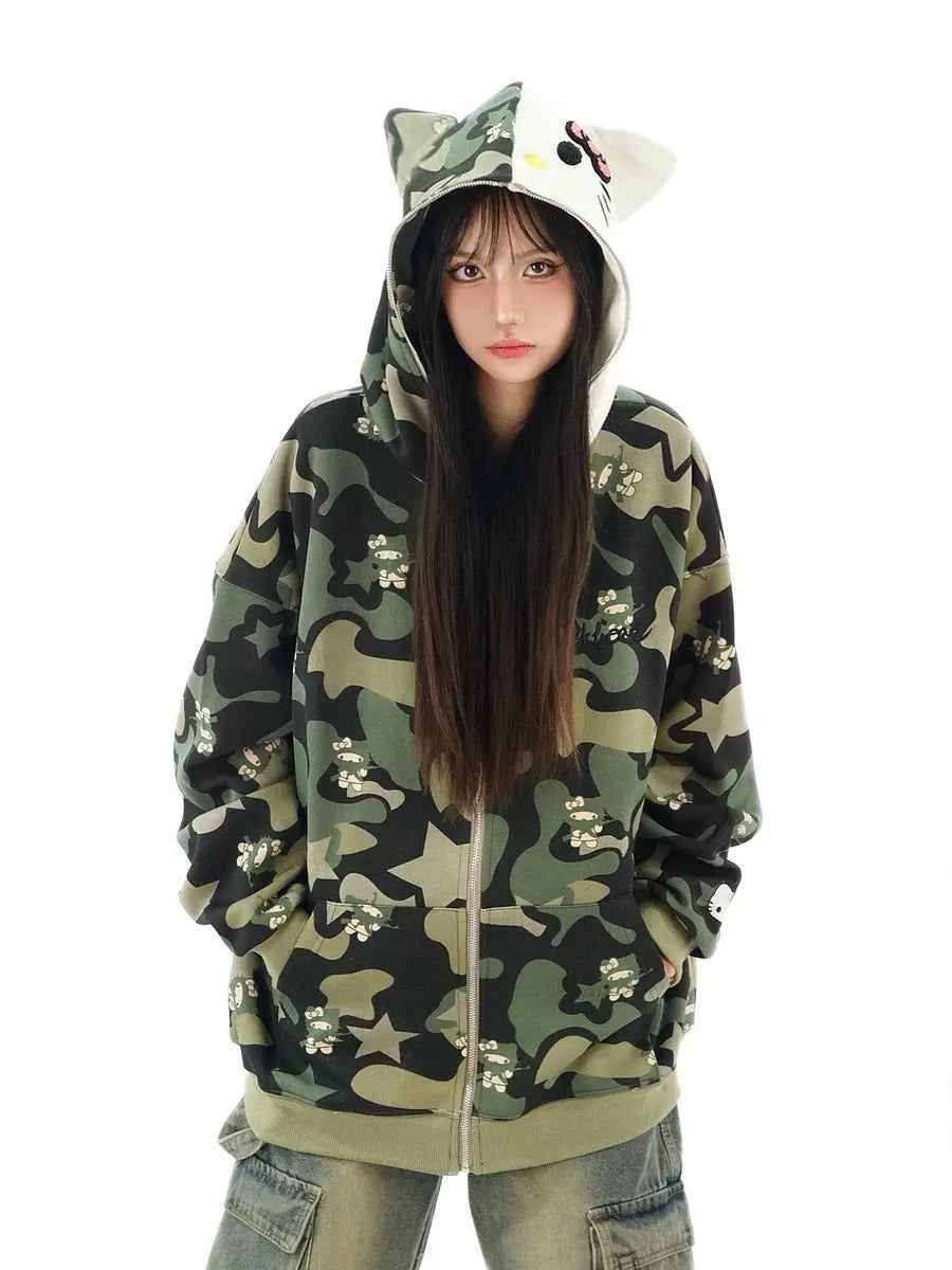 'Wild Kitty' Kawaii Kitty Face Zipped Oversized  Hoodie