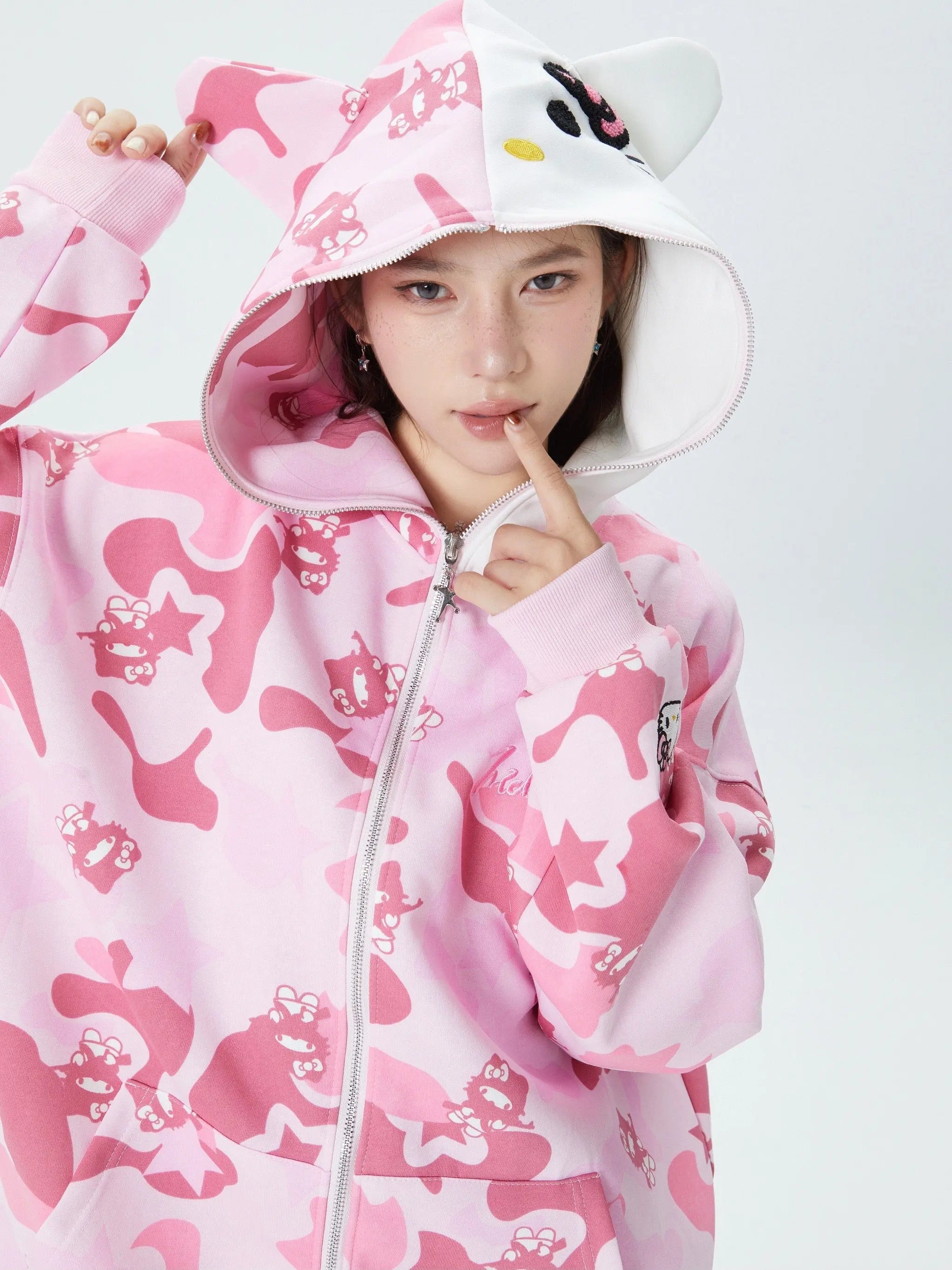 'Wild Kitty' Kawaii Kitty Face Zipped Oversized  Hoodie