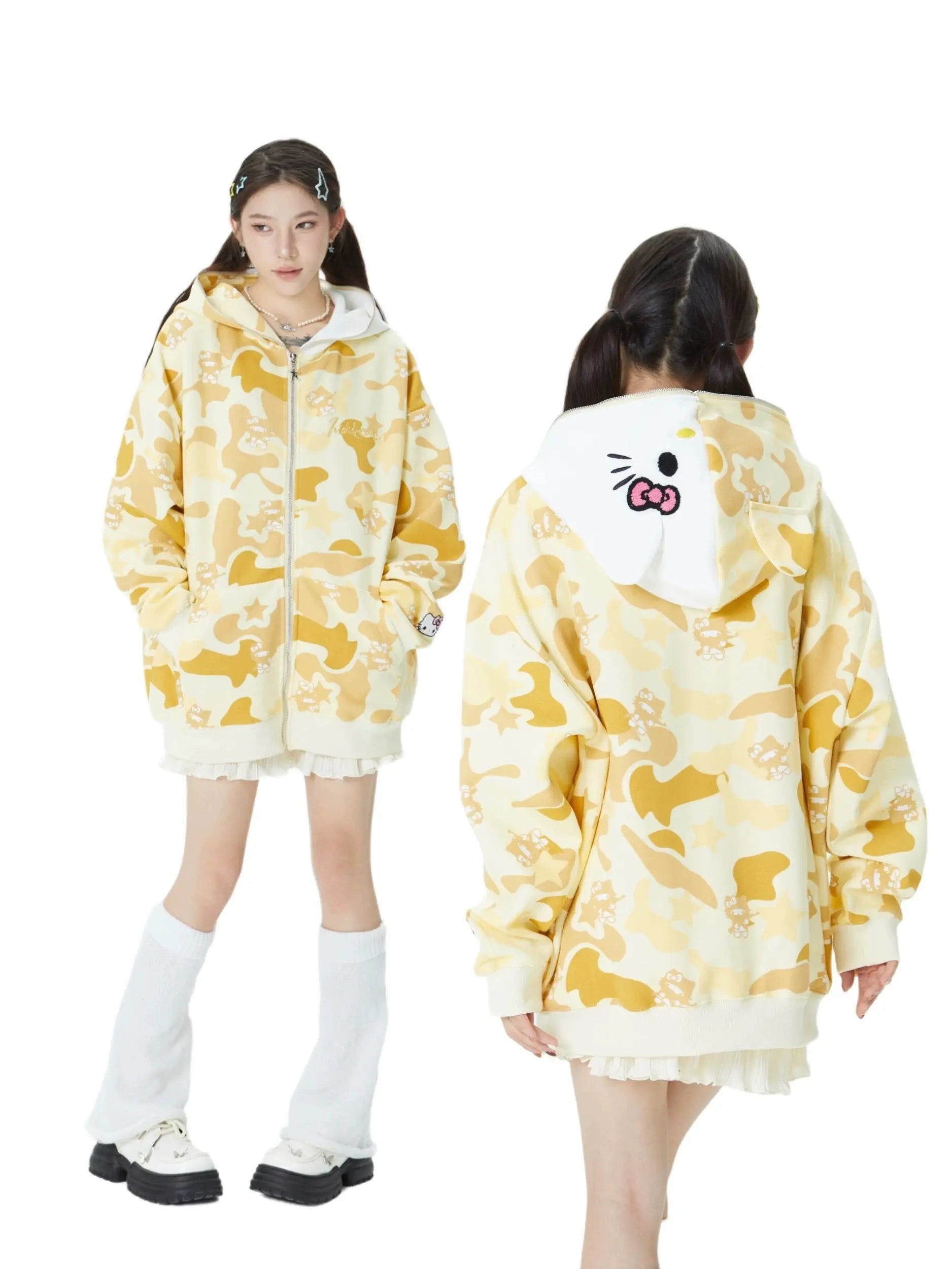 'Wild Kitty' Kawaii Kitty Face Zipped Oversized  Hoodie