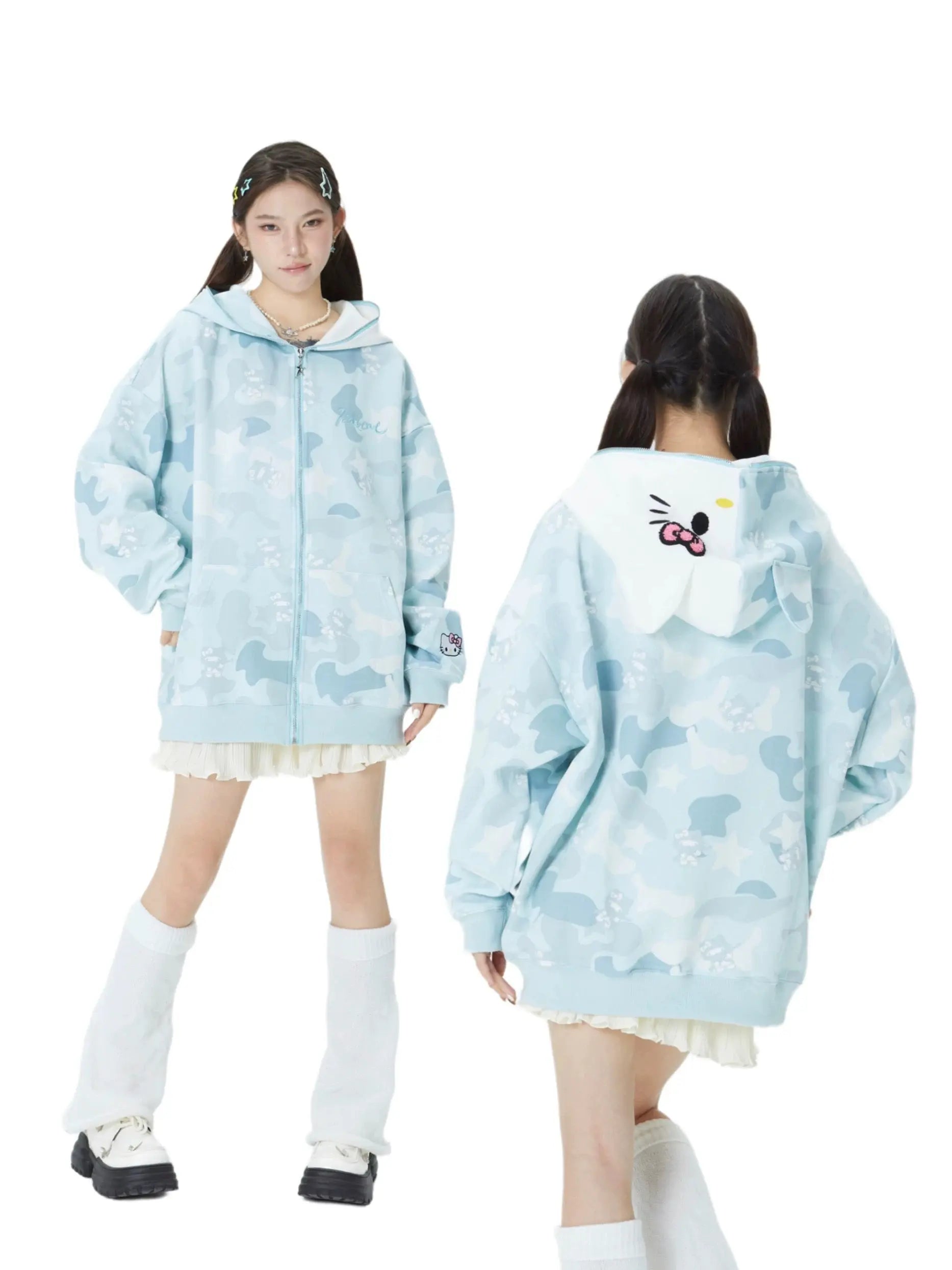 'Wild Kitty' Kawaii Kitty Face Zipped Oversized  Hoodie