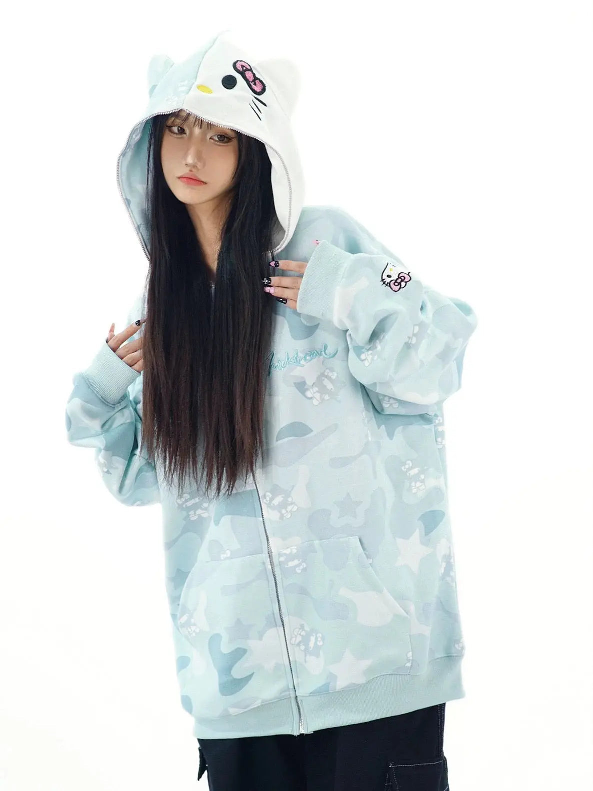 'Wild Kitty' Kawaii Kitty Face Zipped Oversized  Hoodie