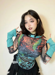 'Windy Summer' Y2k Patchwork Sleeves Graffiti Mesh Top