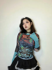 'Windy Summer' Y2k Patchwork Sleeves Graffiti Mesh Top