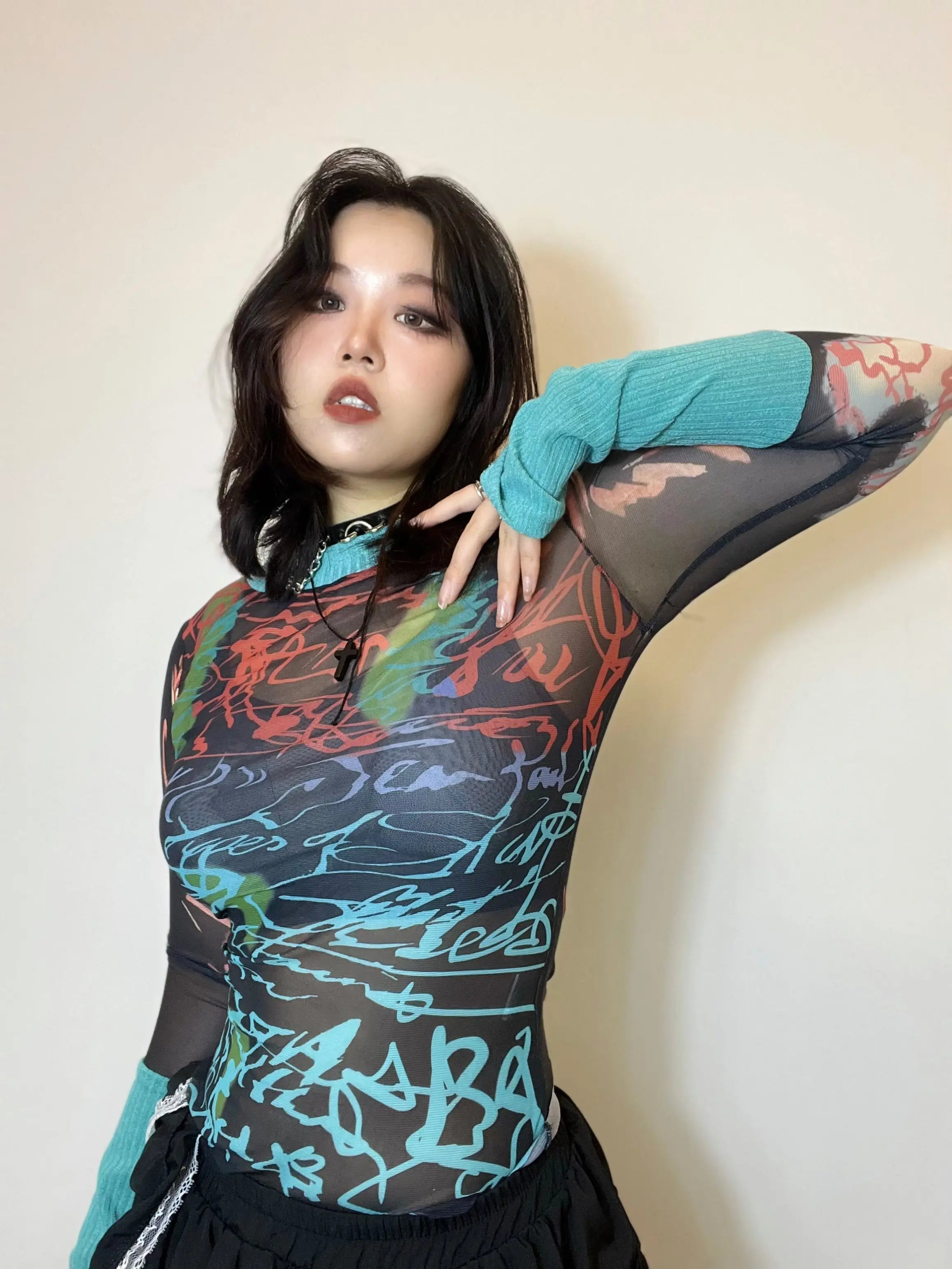 'Windy Summer' Y2k Patchwork Sleeves Graffiti Mesh Top