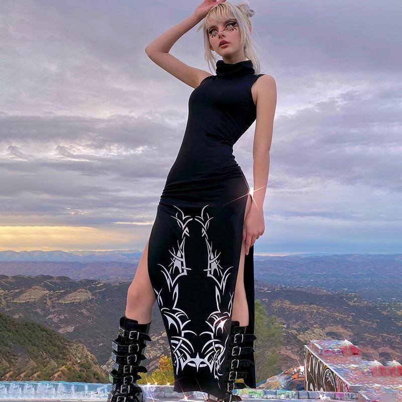 'Written Spells' Gothic Turtleneck Sleeveless Dress