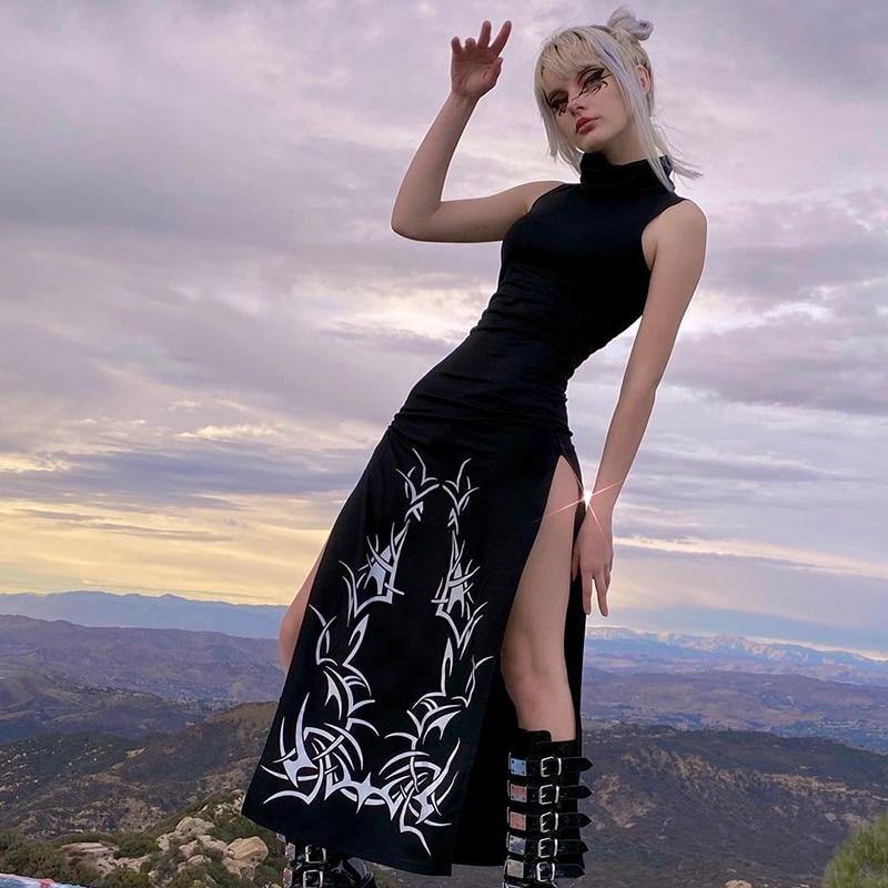 'Written Spells' Gothic Turtleneck Sleeveless Dress