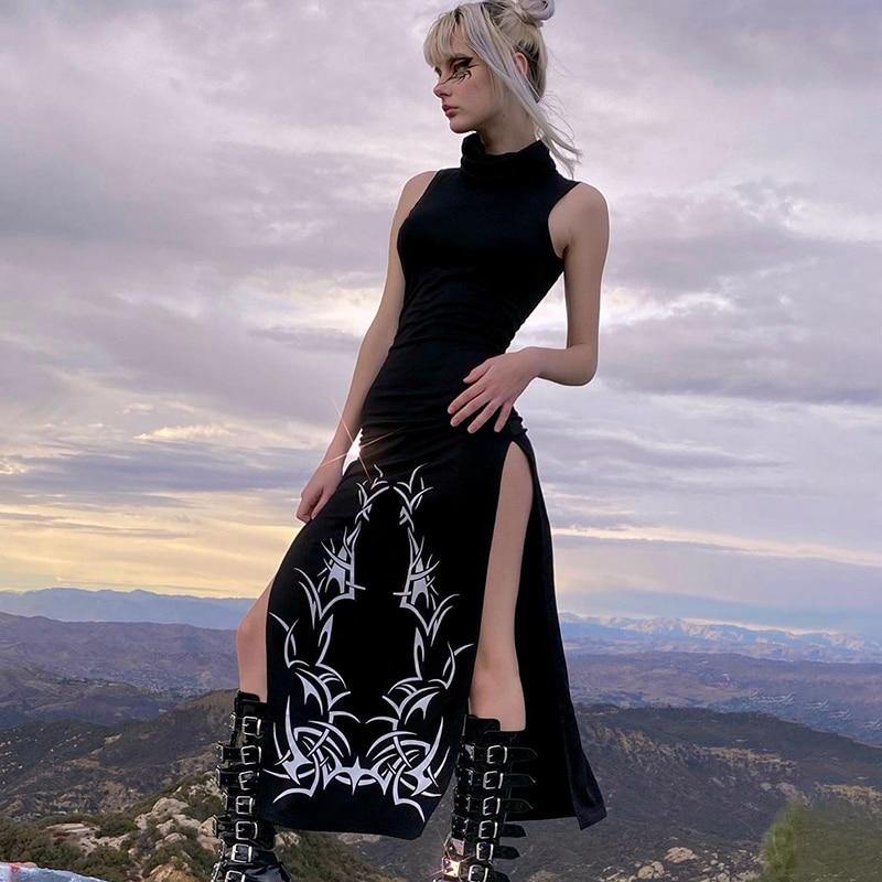 'Written Spells' Gothic Turtleneck Sleeveless Dress