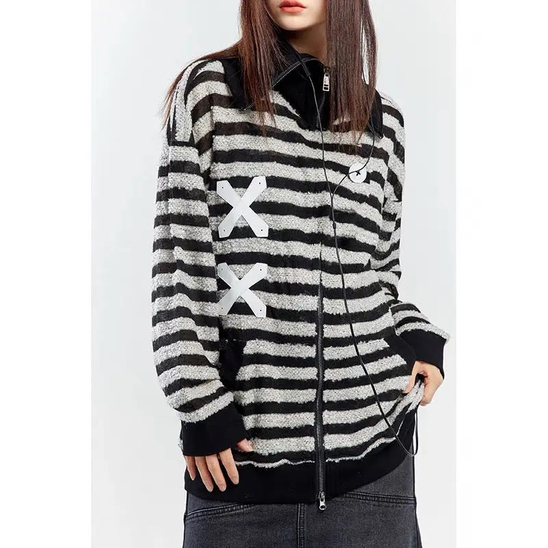 'XOXO' Grunge Striped Zip Up Jacket