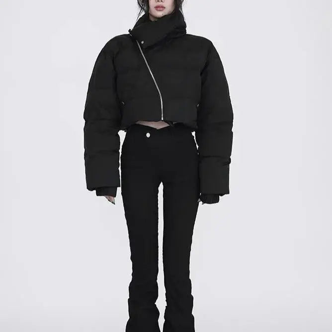 'Zero Degree' Grey Diagonal Collar Crop Puffer