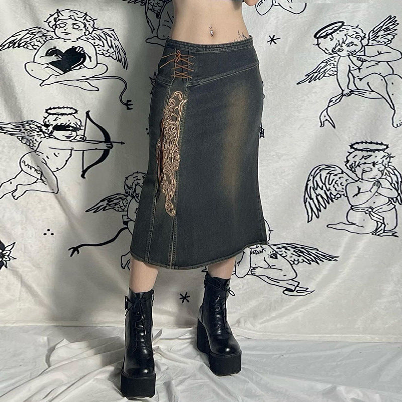 Acid Wash Midi Denim Skirt