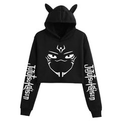 Anime Crop Hoodie With Cat Ears-Black