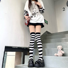 Black And White Striped Knee High Socks