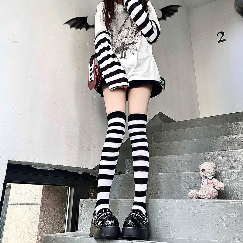 Black And White Striped Knee High Socks