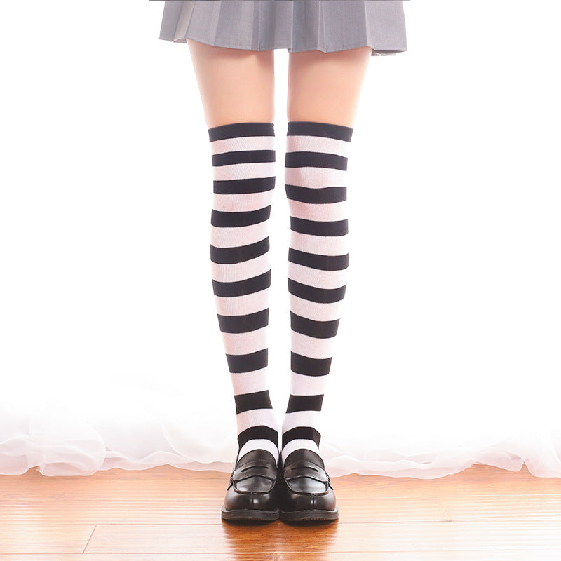 Black And White Striped Thigh High Socks