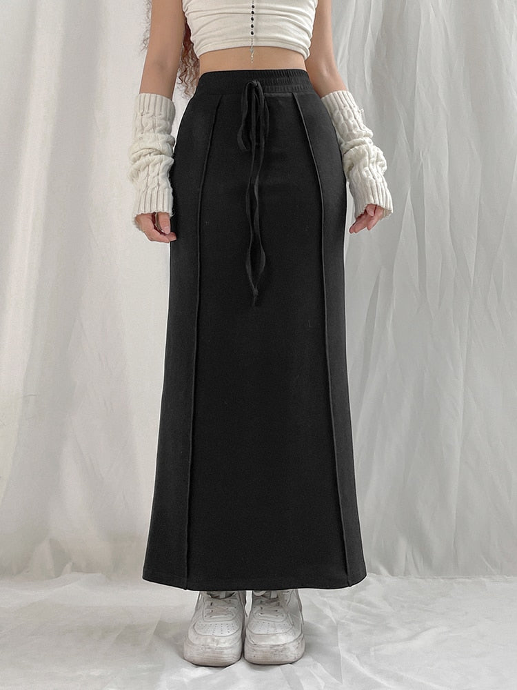 Black Drawstring High Waist Long Skirt - Kaysmar