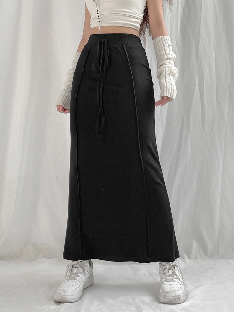 Black Drawstring High Waist Long Skirt - Kaysmar