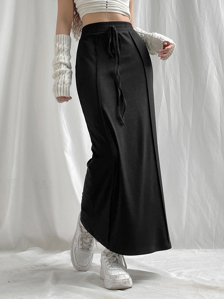 Black Drawstring High Waist Long Skirt