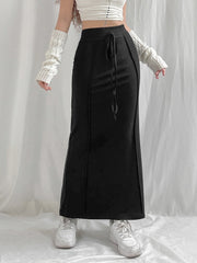 Black Drawstring High Waist Long Skirt