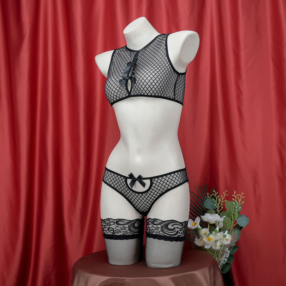 Black Fishnet Lingerie Set With Bow