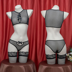 Black Fishnet Lingerie Set With Bow