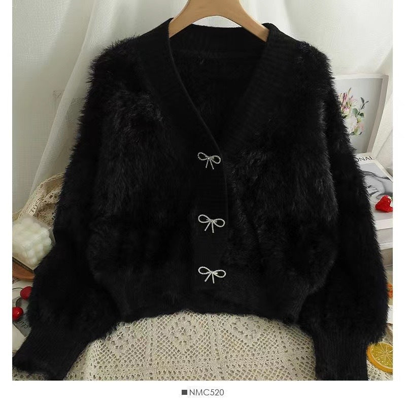 Fur V Neck Cardigan Sweater