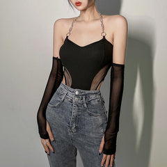 Black Halterneck Bodysuit With Chain Straps