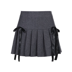 Ribbon Bowknot Grey Pleated Skirt