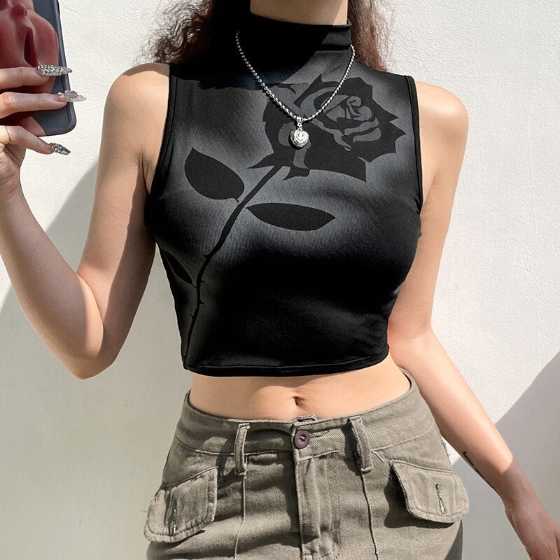 Black Rose Print Y2k Tank Top - Kaysmar