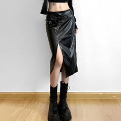 Black Side Slit Midi Leather Skirt