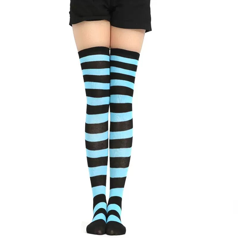 Blue And Black Striped Thigh High Socks