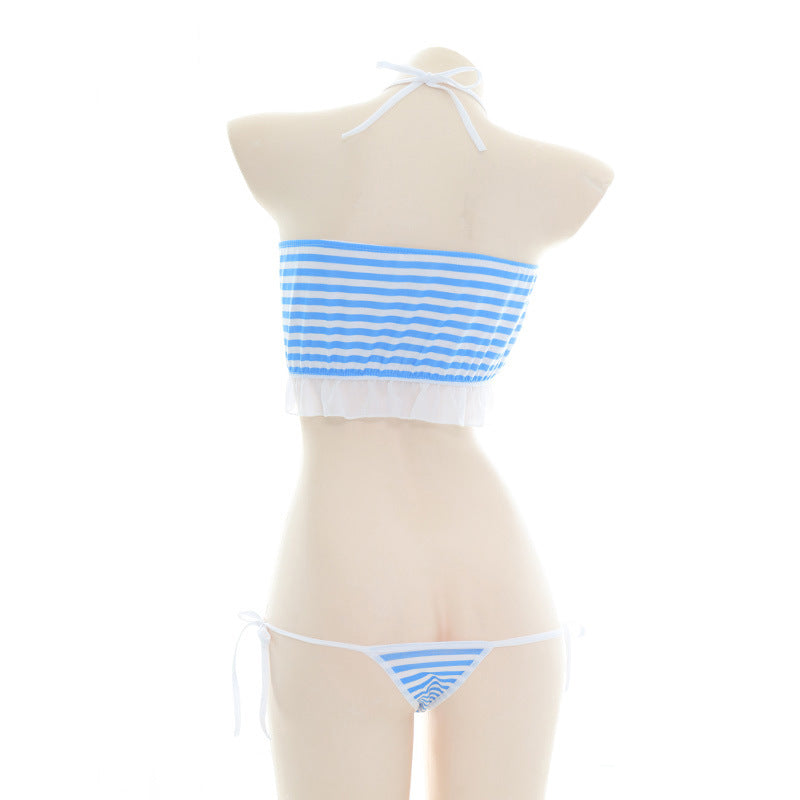 Blue And White Striped Heart Cut Out Bikini Lingerie