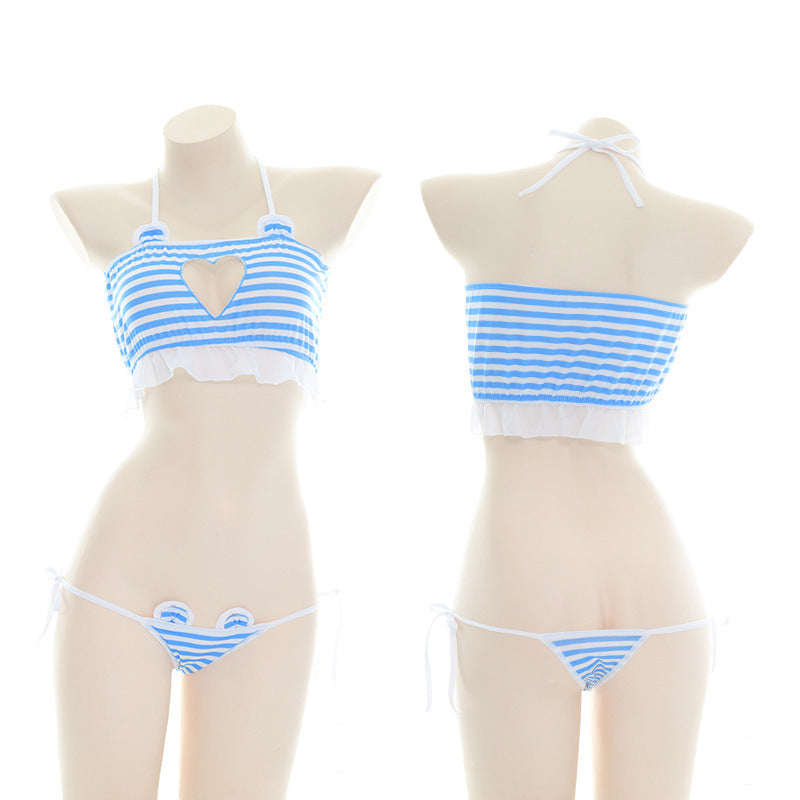 Blue And White Striped Heart Cut Out Bikini Lingerie