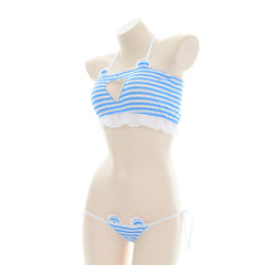 Blue And White Striped Heart Cut Out Bikini Lingerie