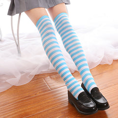 Blue And White Striped Knee High Socks