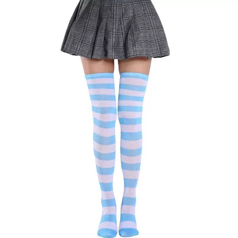 Blue And White Striped Thigh High Socks