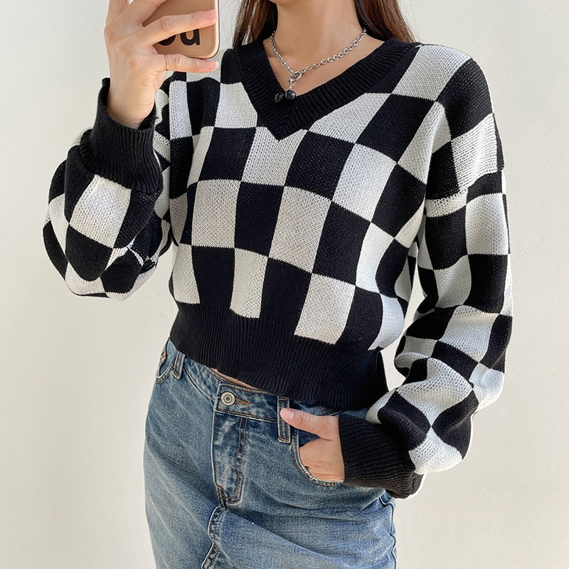 Checkerboard Plaid Crop Sweater