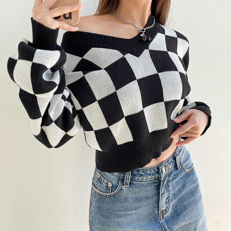 Checkerboard Plaid Crop Sweater - Kaysmar