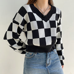 Checkerboard Plaid Crop Sweater