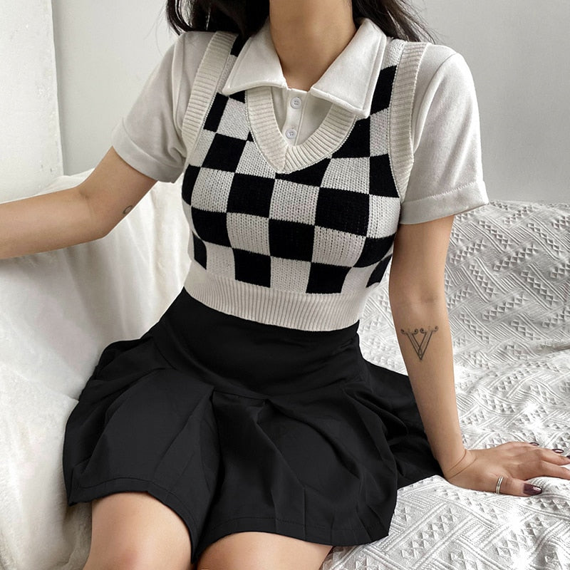 Checkered Knit Crop Sweater Vest - Kaysmar