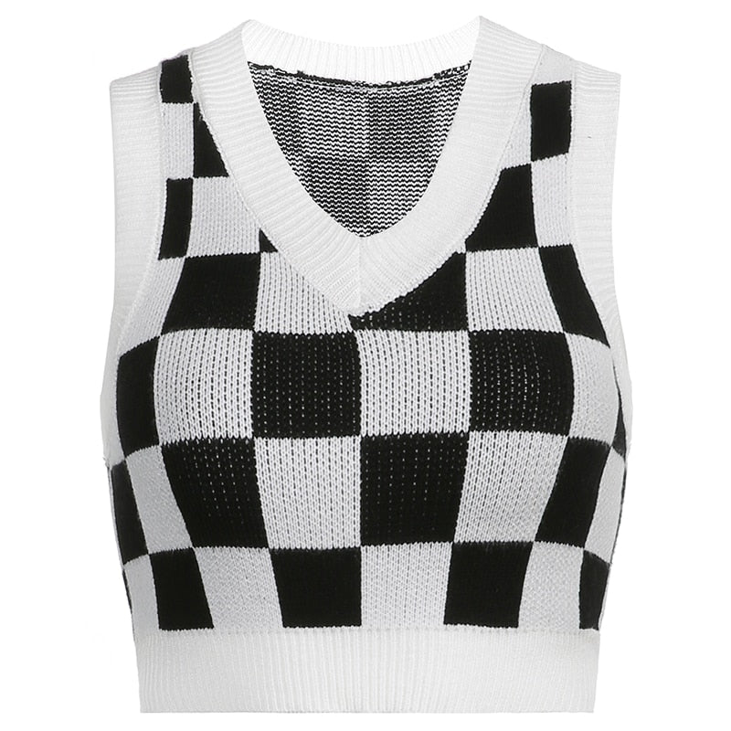 Checkered Knit Crop Sweater Vest