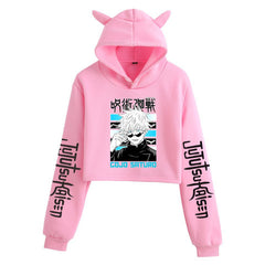 Anime Crop Hoodie With Cat Ears - Pink